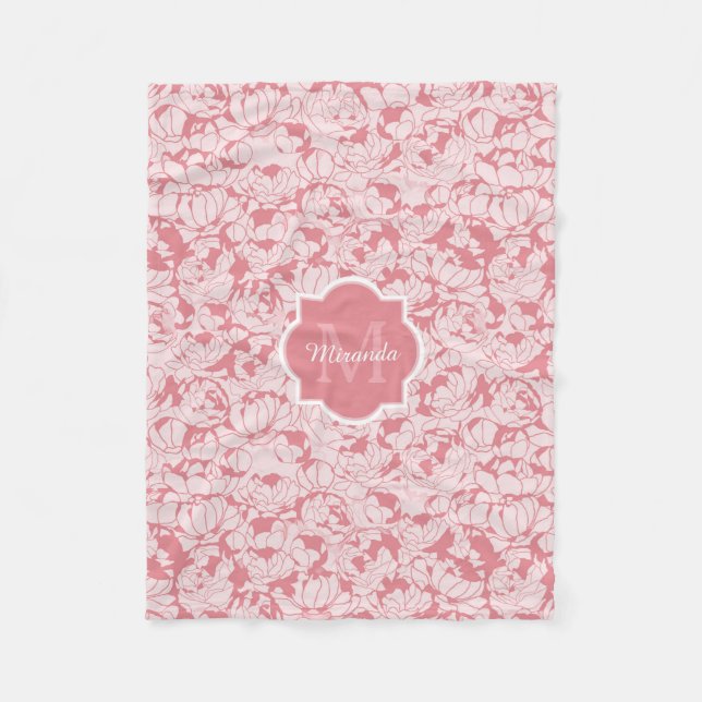 Modern Light Pink Floral Girly Monogram With Name Fleece Blanket (Front)