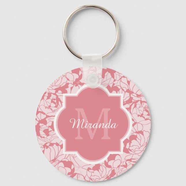 Modern Light Pink Floral Girly Monogram With Name Keychain (Front)