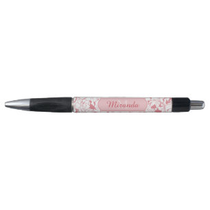 Modern Light Pink Floral Girly Monogram With Name Pen
