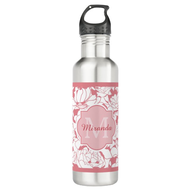 Modern Light Pink Floral Girly Monogram With Name Stainless Steel Water Bottle (Front)