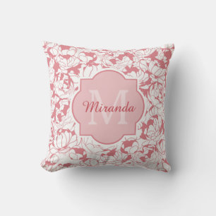 Modern Light Pink Floral Girly Monogram With Name Throw Pillow