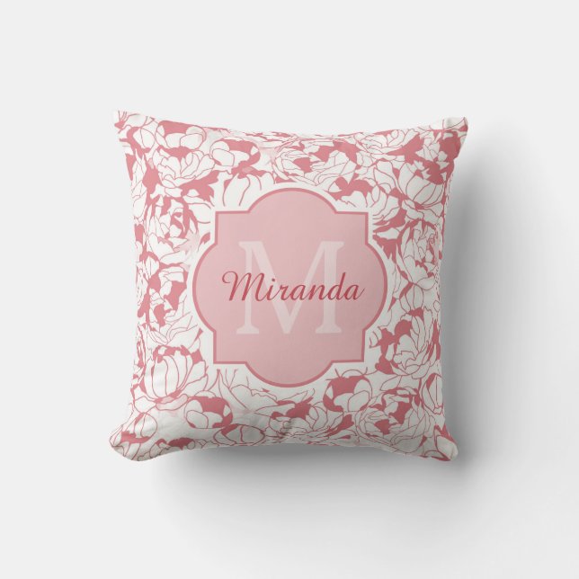 Modern Light Pink Floral Girly Monogram With Name Throw Pillow (Front)