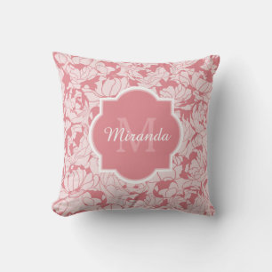 Modern Light Pink Floral Girly Monogram With Name Throw Pillow