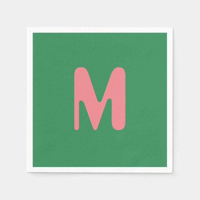 Modern Light Pink Initial Letter | Seaweed Green Napkins (Front)