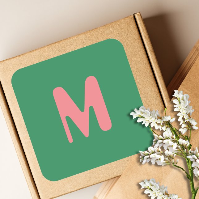 Modern Light Pink Initial Letter | Seaweed Green Square Sticker (Creator Uploaded)