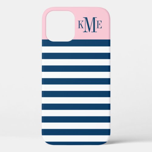 Modern Light Pink Navy Stripes Custom Monogram iPhone 12 Case