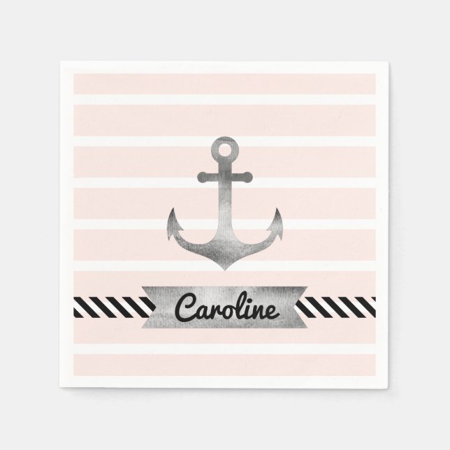 Modern Light Pink Watercolor Anchor Custom Paper Napkins (Front)
