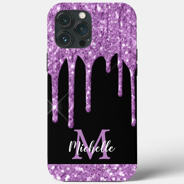 Modern Light Purple Glitter Drips Monogram Case-Mate iPhone Case (Back)