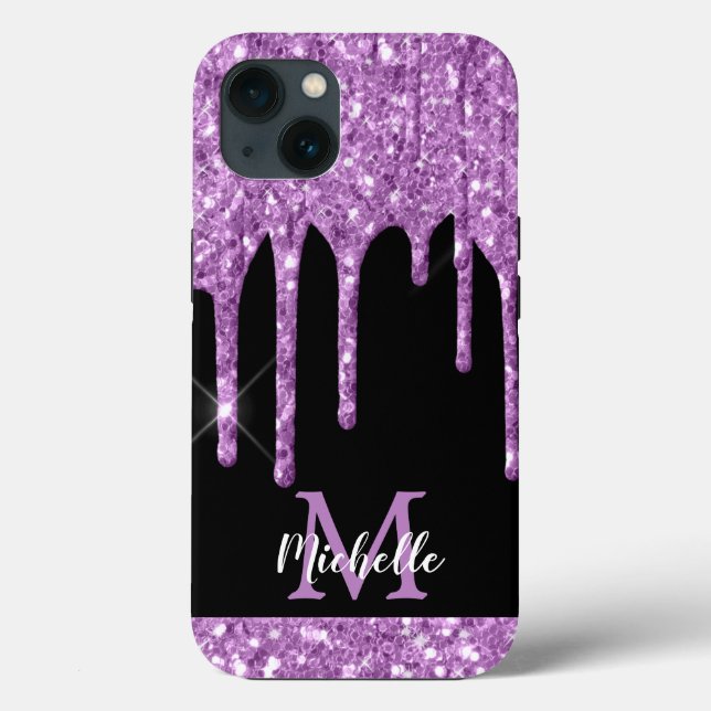 Modern Light Purple Glitter Drips Monogram  Case-Mate iPhone Case (Back)
