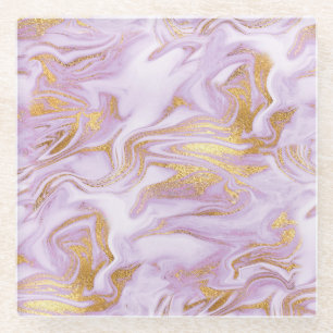 Modern Light Purple, White and Gold Marble Pattern Glass Coaster