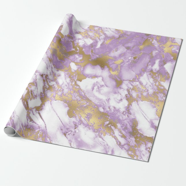 Modern Light Purple, White and Gold Marble Wrapping Paper (Unrolled)