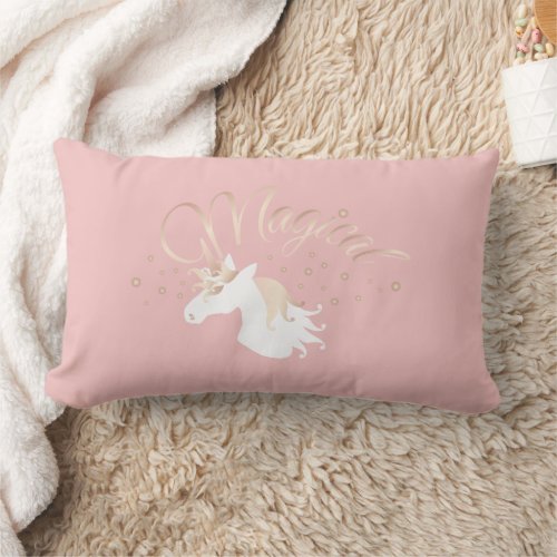 Modern Light Rose Pink White Magical Unicorn Girl Lumbar Pillow