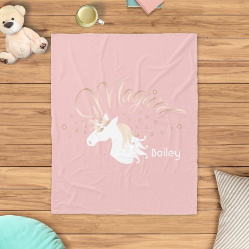 Modern Light Rose Pink White Magical Unicorn Kids Fleece Blanket