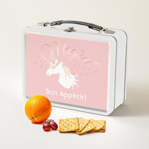 Modern Light Rose Pink White Magical Unicorn Metal Lunch Box