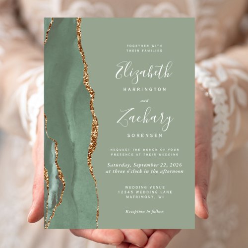 Modern Light Sage Green Gold Agate Wedding Invitation