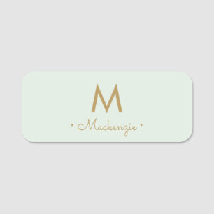 Modern Light Sage Green Gold Script Monogram Name Tag