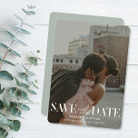 Modern Light Sage Photo Wedding Save Date Invitation<br><div class="desc">Inform your guests about your upcoming wedding date with these modern Save the Date Cards featuring a full bleed vertical photo, modern typography and a colored back in a light sage green. All colors can be changed to fit your style and wedding theme, you can also switch between different paper...</div>