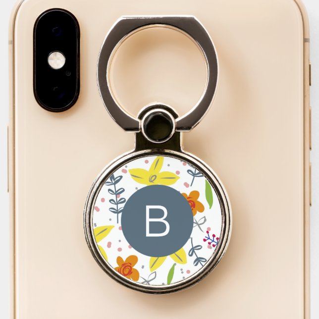 Modern Light Spring Floral Monogrammed  Phone Ring Stand (Close Up)