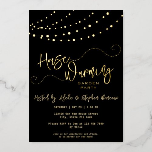 Modern Light String Script Housewarming Party Gold Foil Invitation