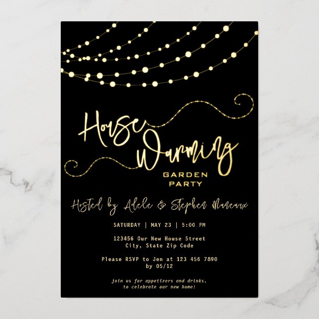 Modern Light String Script Housewarming Party Gold Foil Invitation (Front)