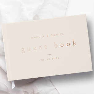 Modern light tan brown wedding names and date real foil guest book