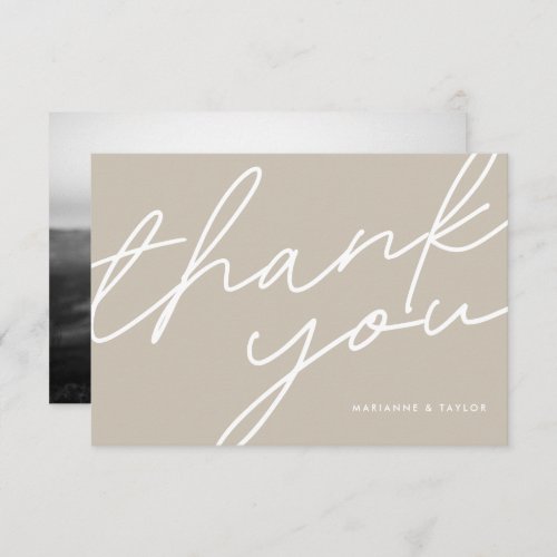 Modern Light Taupe Brown Calligraphy Wedding Photo Thank You Card