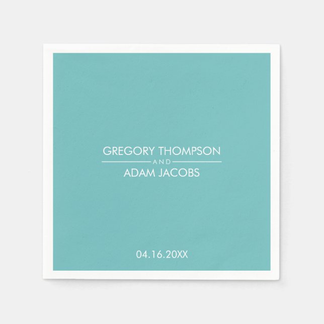 Modern Light Teal Couples Names & Date Wedding Napkins (Front)