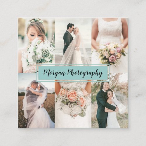 Modern light teal photographer photo collage plain square business card