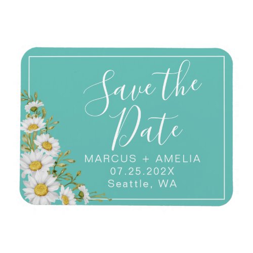 Modern  Light Teal  White Daisies Save The Date Magnet