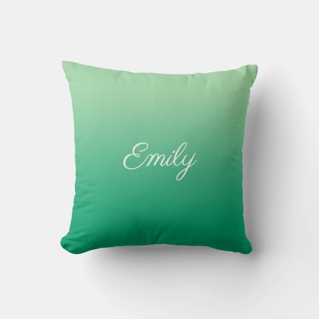 Modern Light to Dark Green Gradient Script Name Throw Pillow (Front)