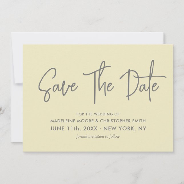 Modern Light Yellow Calligraphy Scannable QR Code Save The Date (Front)