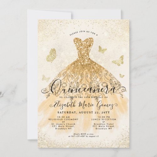 Modern Light Yellow Gold Glitter Gown Quinceanera Invitation