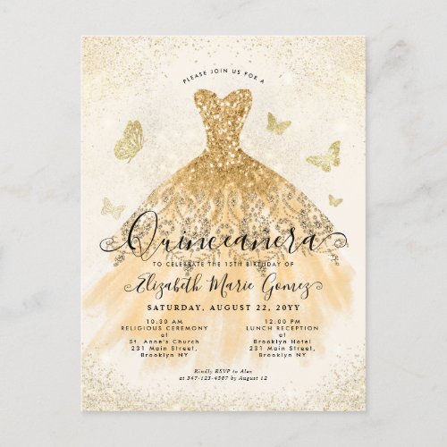 Modern Light Yellow Gold Glitter Gown Quinceanera Postcard