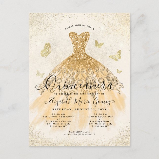 Modern Light Yellow Gold Glitter Gown Quinceanera Postcard (Front)