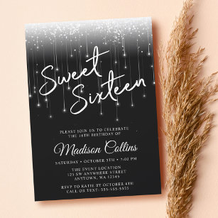 Modern Lights Black and White Sweet 16 Invitation