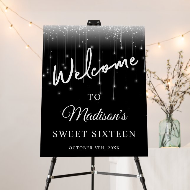 Modern Lights Black White Sweet 16 Welcome Foam Board (In Situ (Stand))