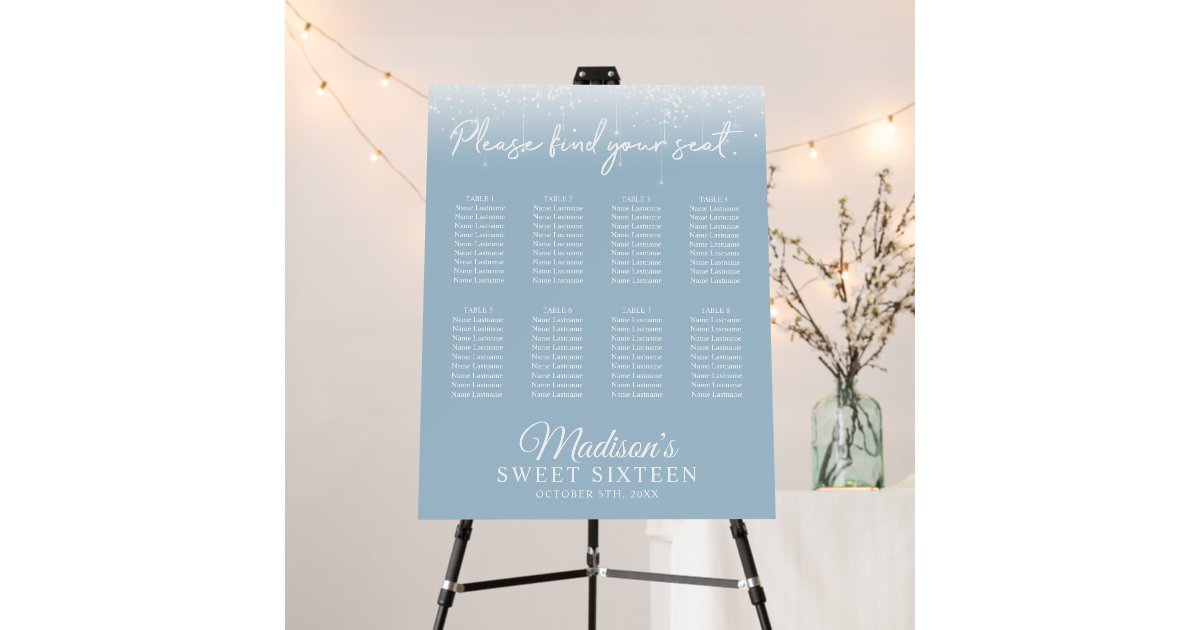 Modern Lights Dusty Blue Sweet 16 Seating Chart Foam Board Zazzle