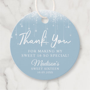 Modern Lights Dusty Blue White Sweet 16 Favor Tags