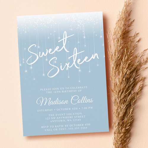 Modern Lights Dusty Blue White Sweet 16 Invitation