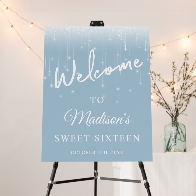 Modern Lights Dusty Blue White Sweet 16 Welcome Foam Board (In Situ (Stand))