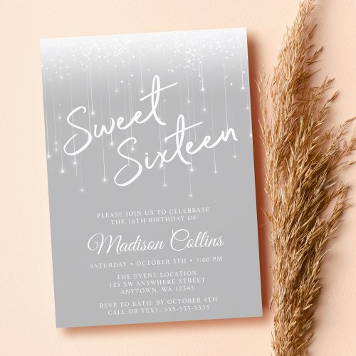 Modern Lights Gray and White Sweet 16 Invitation
