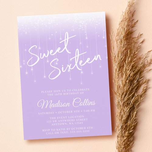 Modern Lights Lavender and White Sweet 16 Invitation