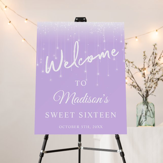 Modern Lights Lavender White Sweet 16 Welcome Foam Board (In Situ (Stand))