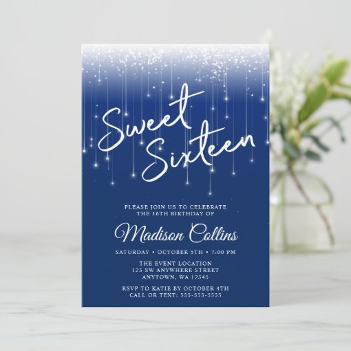 Modern Lights Navy Blue Sweet 16 Invitation | Zazzle