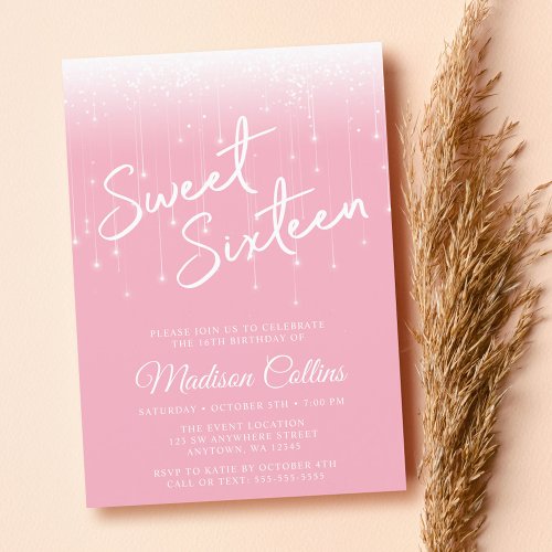 Modern Lights Pink and White Sweet 16 Invitation