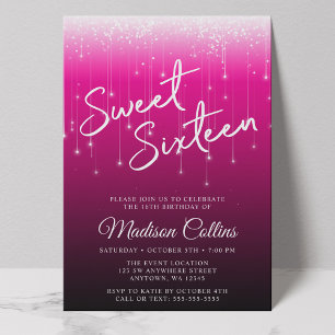 Modern Lights Pink Black Sweet 16 Invitation