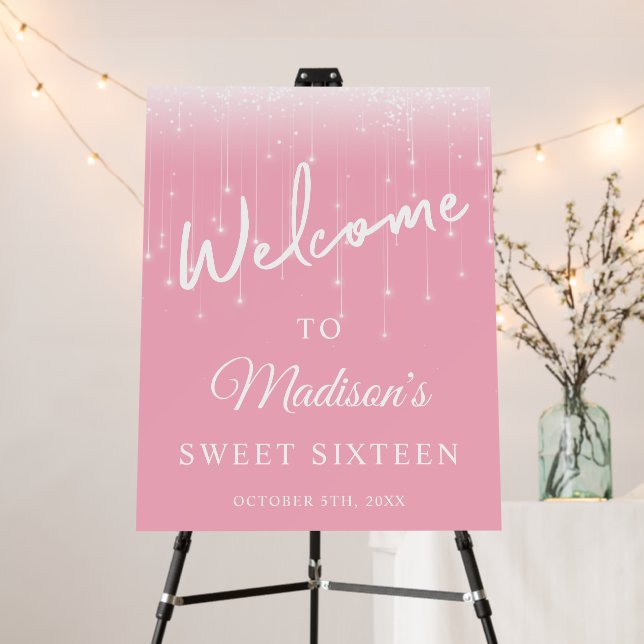 Modern Lights Pink White Sweet 16 Welcome Foam Board (In Situ (Stand))