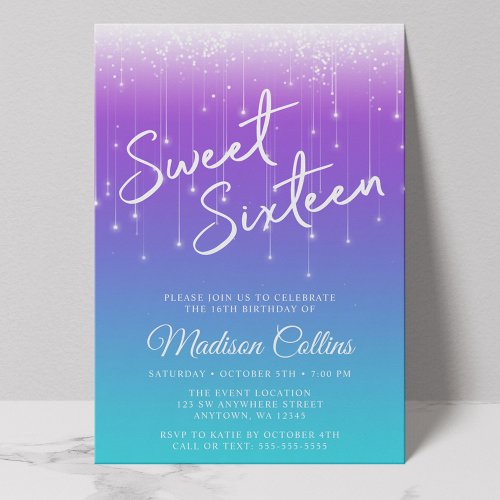 Modern Lights Purple Teal Sweet 16 Invitation