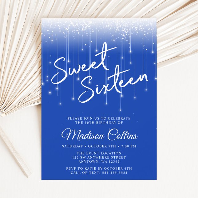 Modern Lights Royal Blue Sweet 16 Invitation (Creator Uploaded)