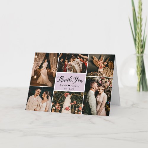 Modern Lilac Calligraphy 6 Photo Collage Wedding Thank You Card